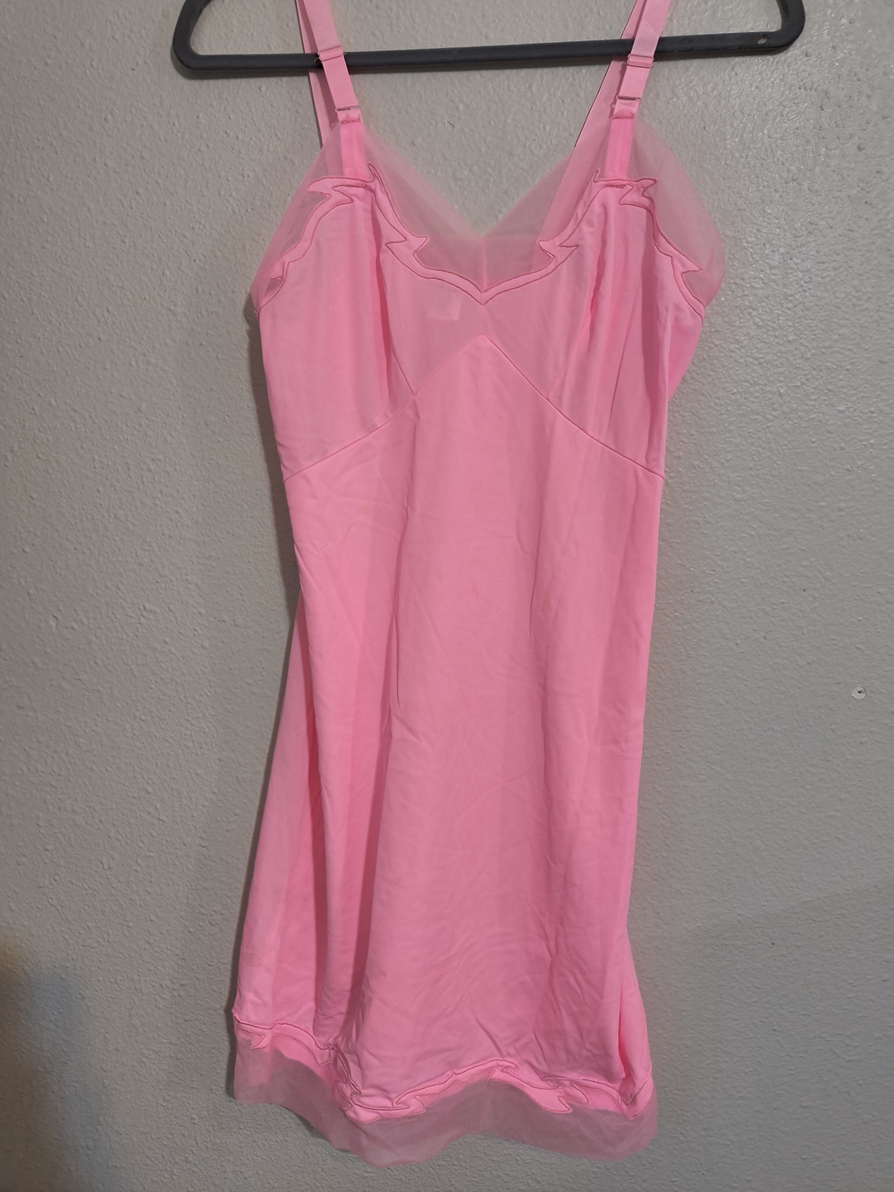 Vintage 60s/70s Pink Nylon Tricot Slip Dress Sheer Appliqué Ruffle Lingerie 34